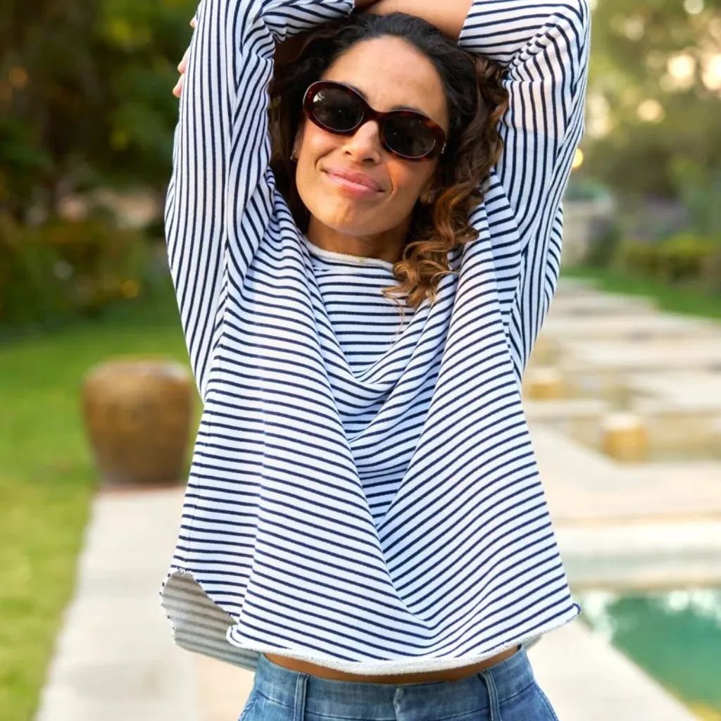 Frank & Eileen Anna Long Sleeve Capelet in Navy French Stripe, Size Small - Image 4