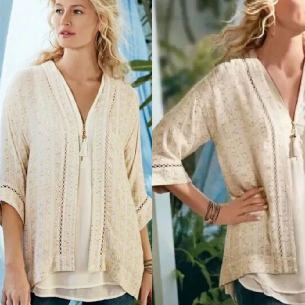 Soft surroundings ivory & gold sequin topper kimono 3/4‎ sleeves plus size 1x - Image 2