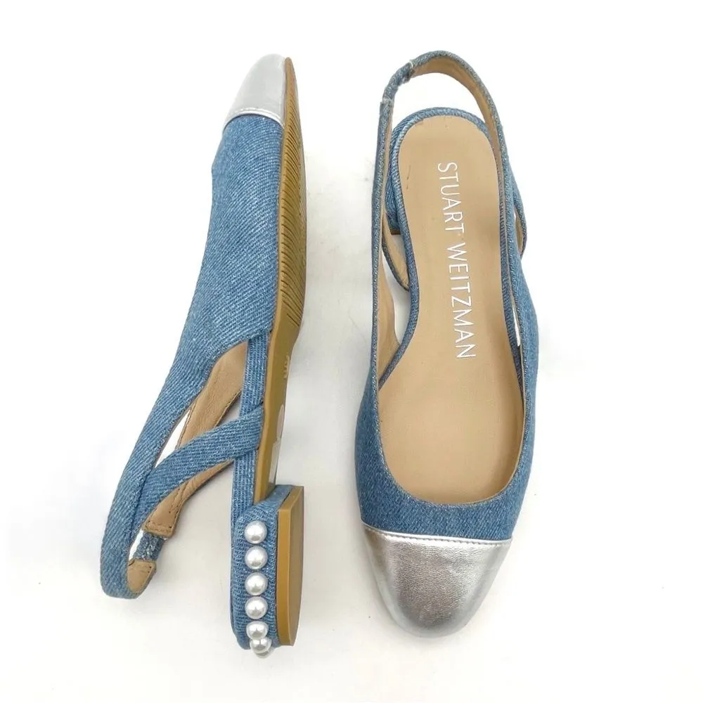 Stuart Weitzman Denim Pearl Slingback Flats Size 6 Silver Cap Toe Made in Spain - Image 15