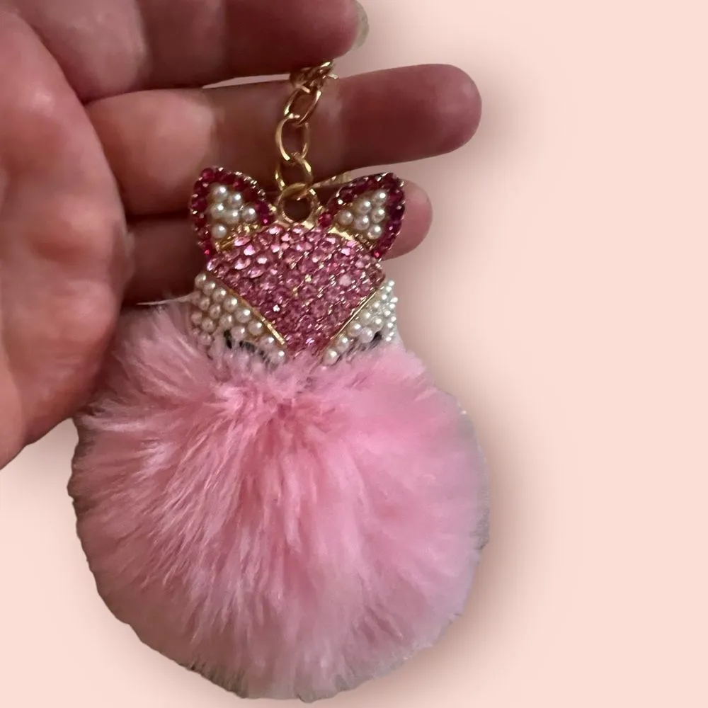 Rhinestone Pink Cat Pompom Key Ring Purse Charm - Image 2