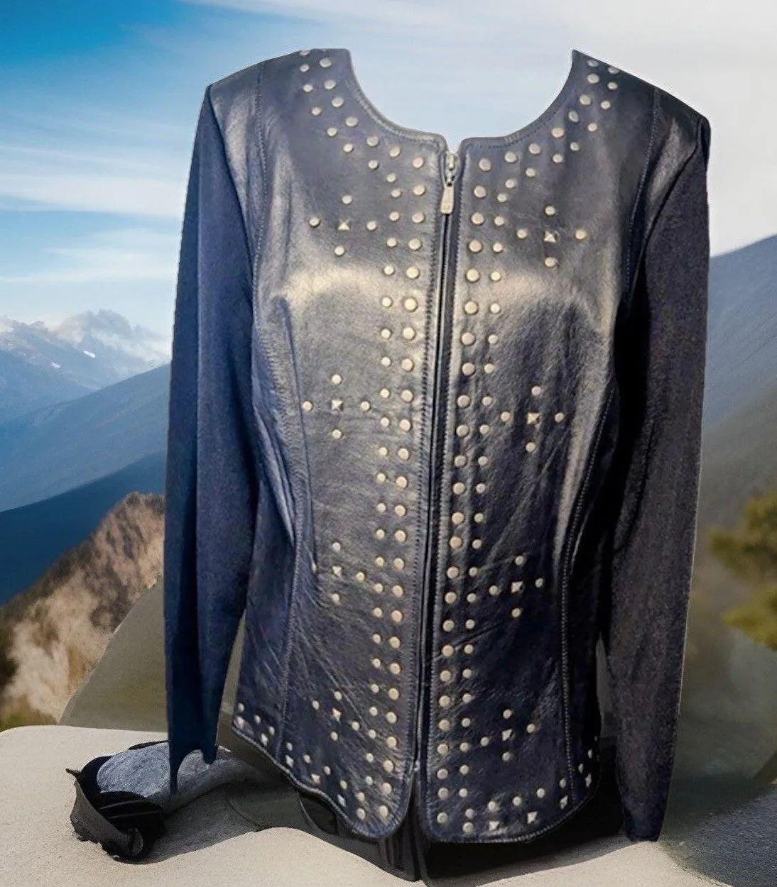 VTG Chic 90S Women's Peter Nygard Genius Leather/Knit Embellished Jacket M - Image 1