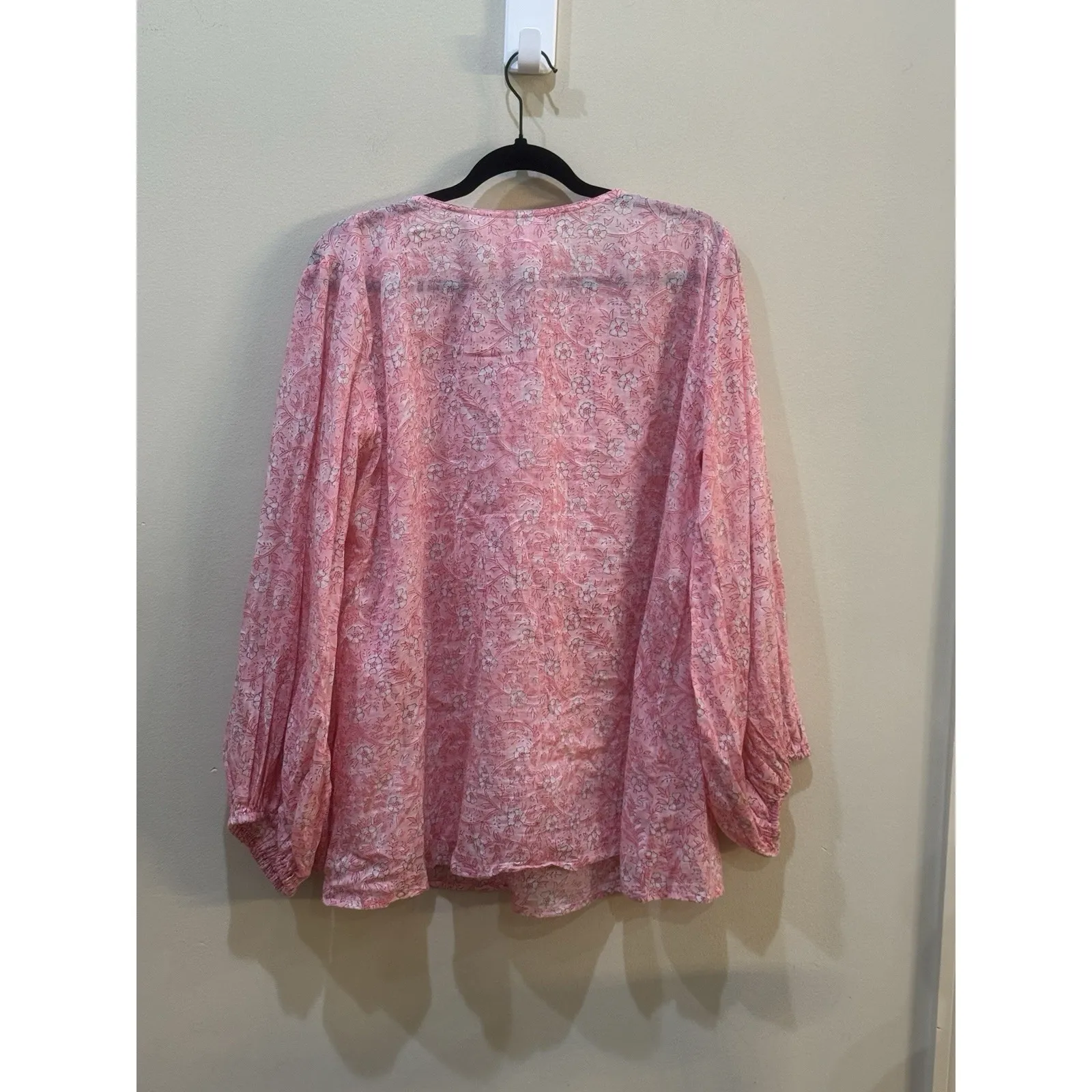 Emerson Fry India Collection Pink Floral Block Print‎ Bardot Peasant Top Large - Image 5