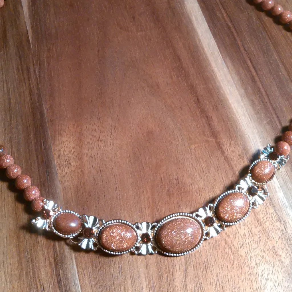 Gold Sandstone and Brown Austrian Crystal Beaded Goldtone Dragon Necklace - Image 2