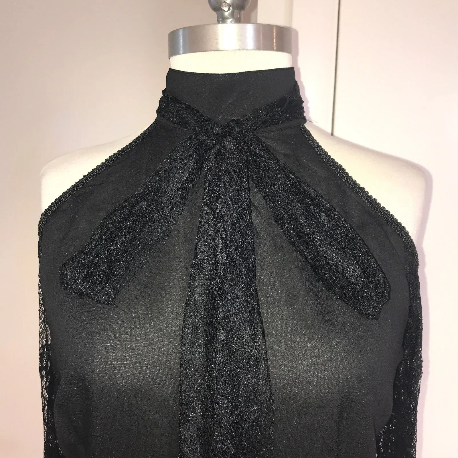 Vintage Lip Service Gothic Lolita Victorian Chiffon & Lace Open Shoulder Top M - Image 3