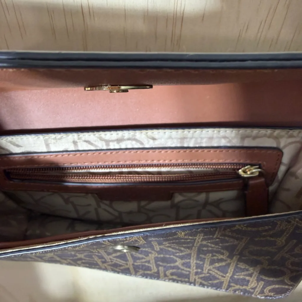 Calvin Klein Monogram Brown Leather Crossbody Shoulder Bag Chain Strap - Image 6