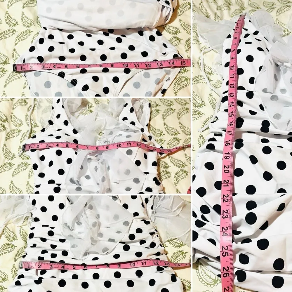 Unique Vintage Polka Dot Ruffle Sheath Swimsuit Mesh Ruffle Black White M NWT - Image 10