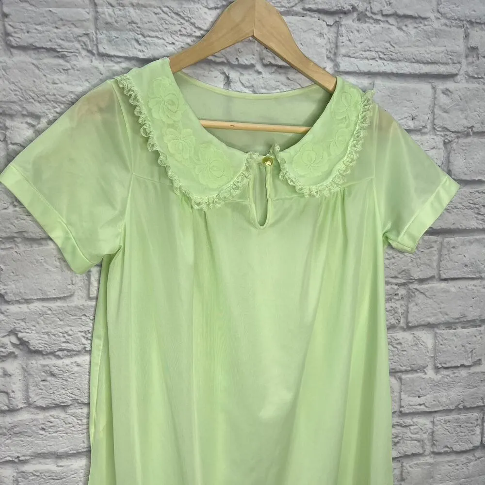 Vintage Nancy King Short Nylon Satin Nightgown Mint Green Size M Floral Collar Size M - Image 2