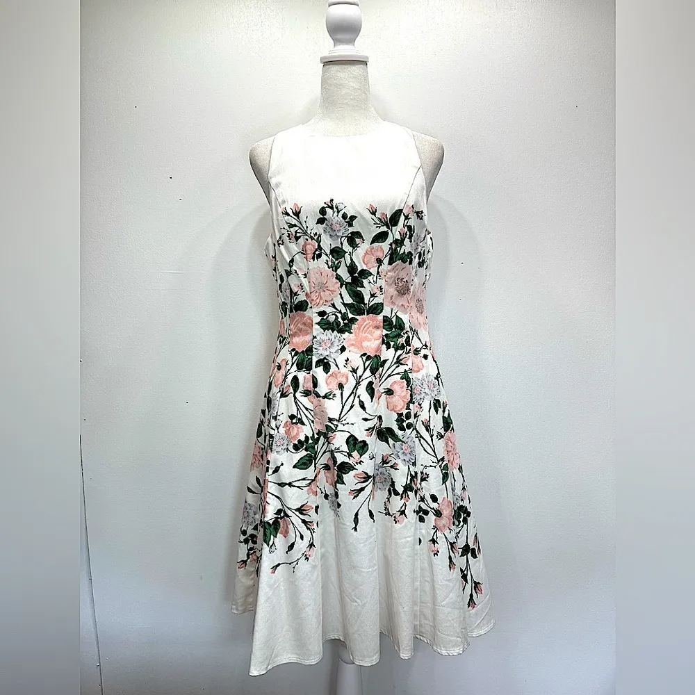 Maggy London Ivory & Floral Roses Fit & Flare Tulle Lined Sleeveless Dress - Image 2