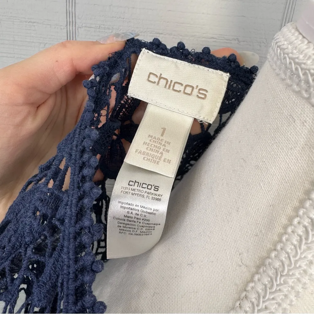 Chico’s Blue Floral Crochet Lace Open Tie Front Cardigan 3/4 Sleeves Boho 70s 1 - Image 6