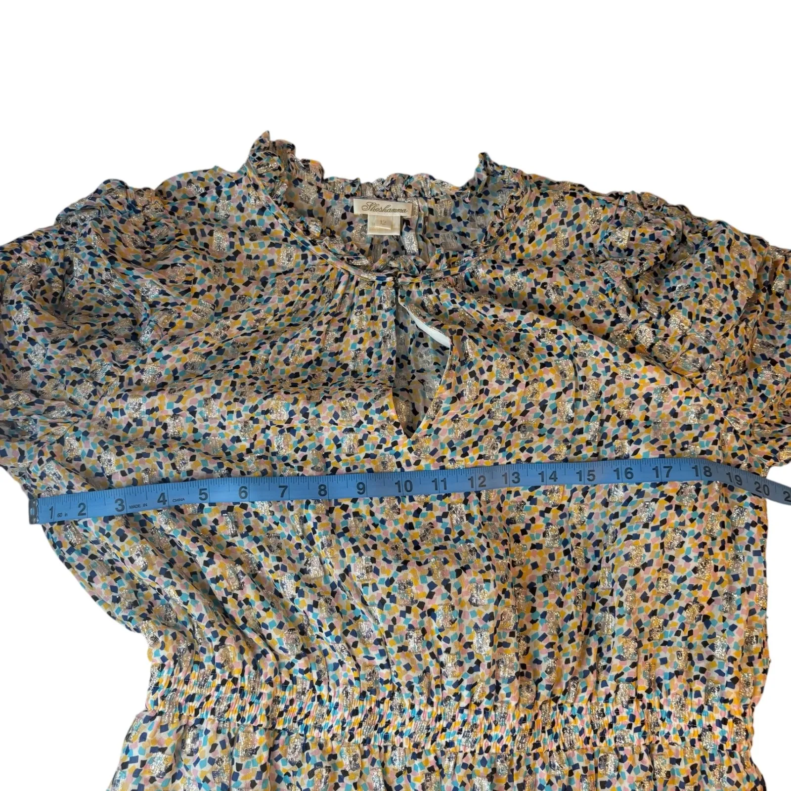 Shoshanna Anthropologie Mini Dress Floral Print Metallic Ruffle‎ Short Sleeve 12 - Image 8