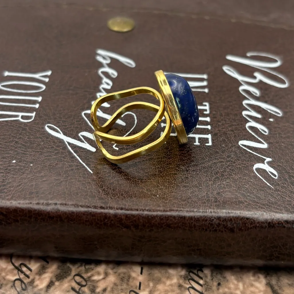 Blue Lapis Gemstone Ring • Gold Adjustable • Handmade Boho Vintage Style - Image 8