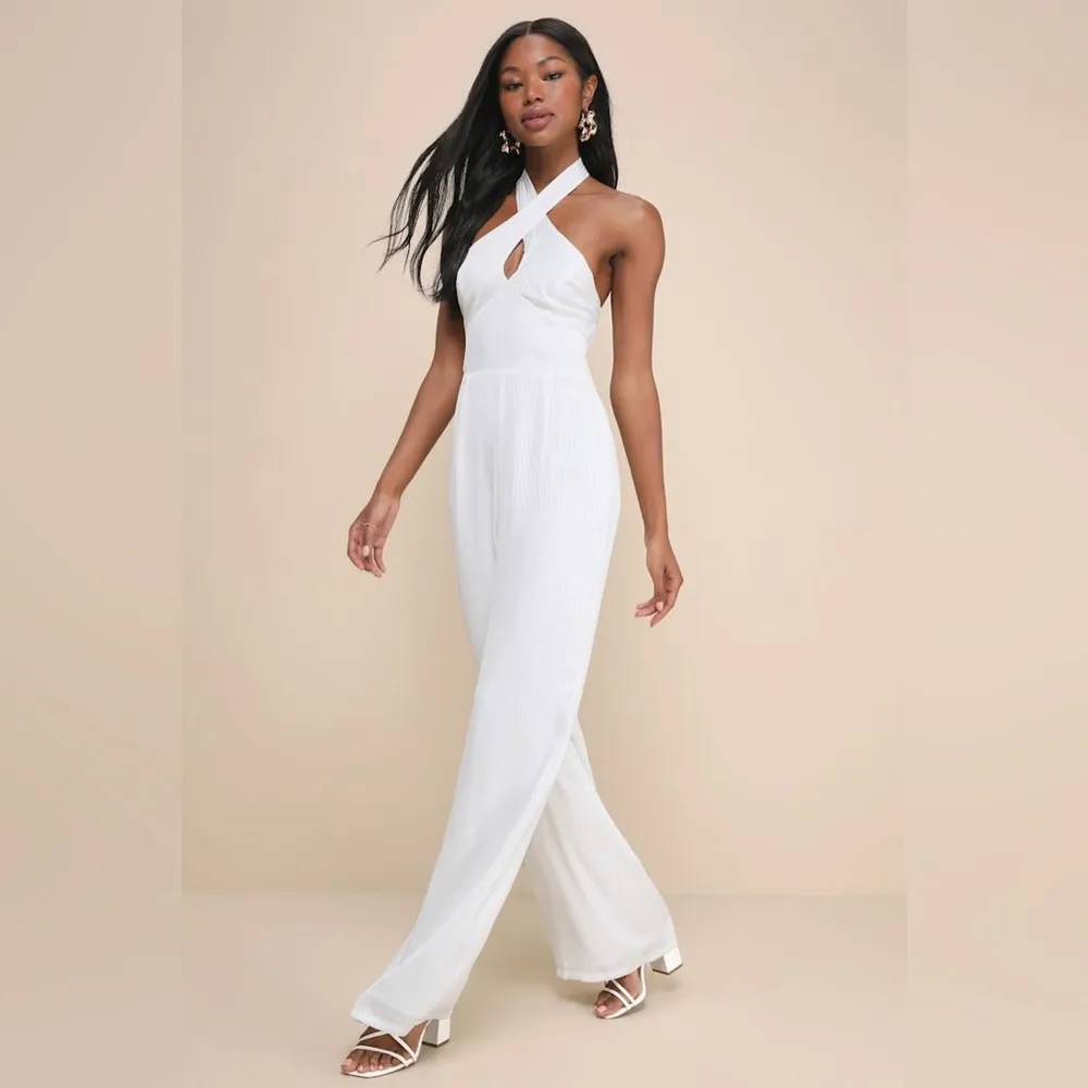 LULU’S Constantly Copied White Satin Cross-Front Halter Jumpsuit - Image 4