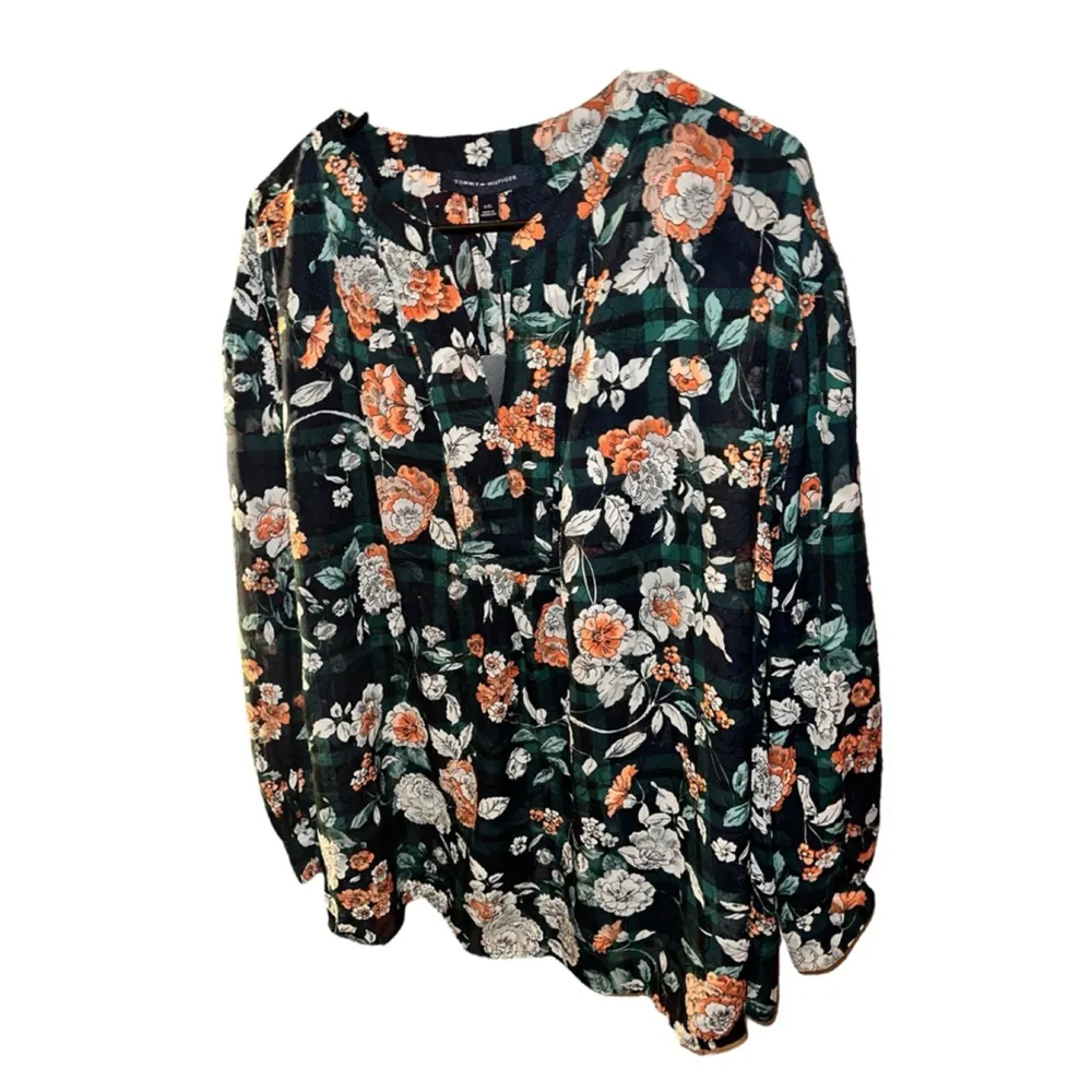 TOMMY HILFIGER Womens Green Floral Long Sleeve V Neck Top L - Image 5