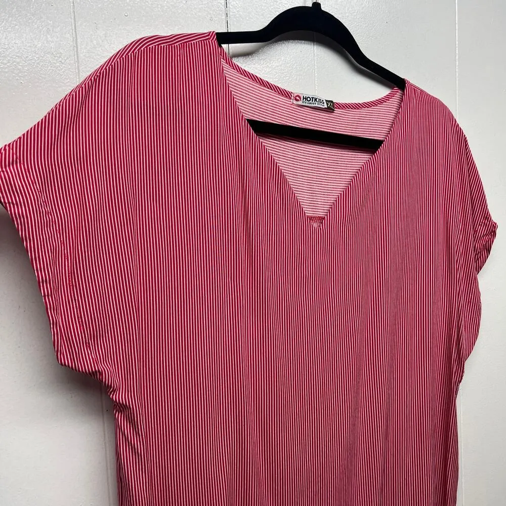 Hot Kiss Women's Pin Striped Red V-Neck Short Sleeve Top Size XL Lightweight - Image 6