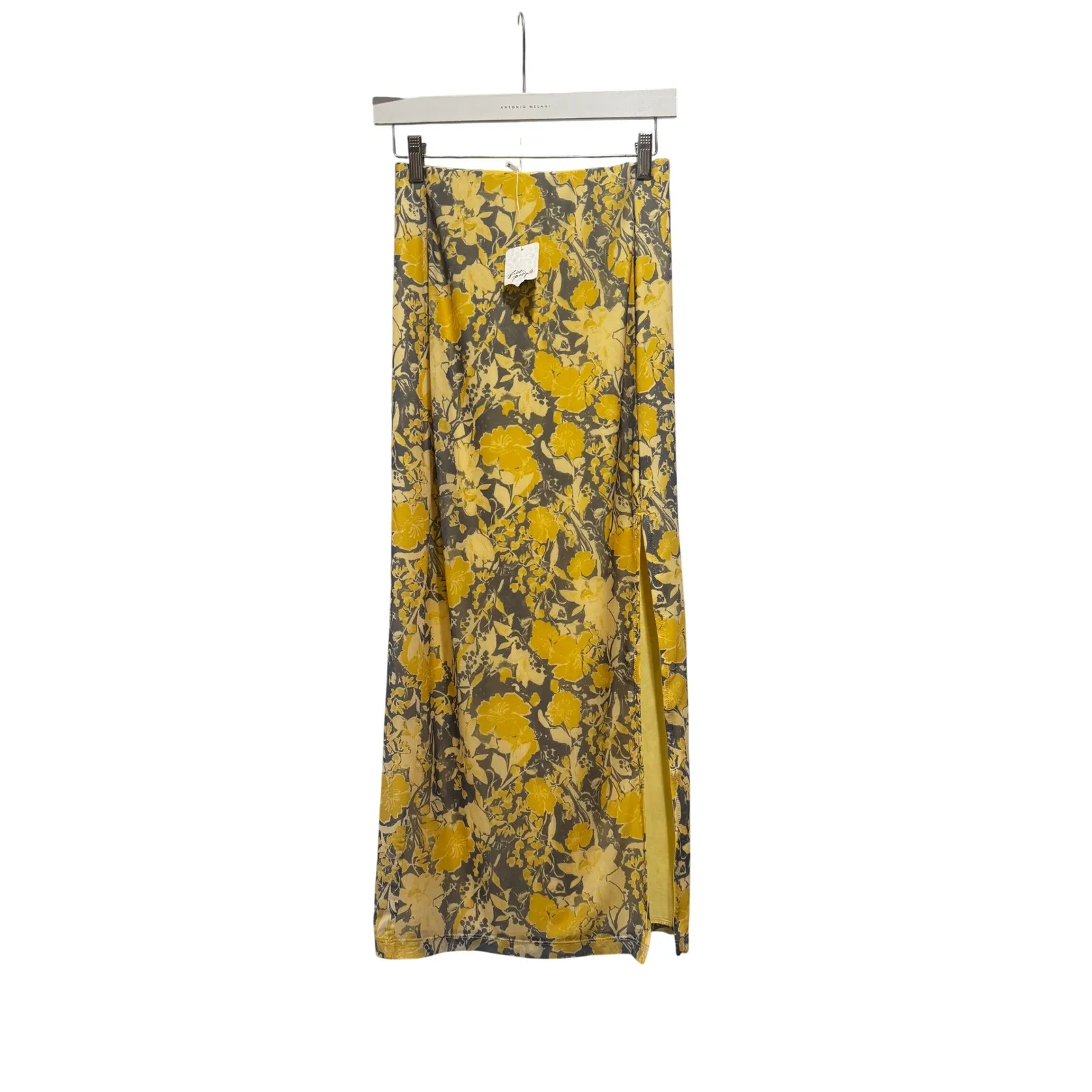 NEW Free People Feminine Floral Print Rosalie Mesh Midi Skirt Yellow Slit XS - Image 2