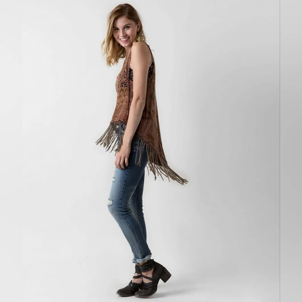 Buckle BKE Ginmicks Boho Crochet Lace Fringe Summer Tank top Xs - Image 3