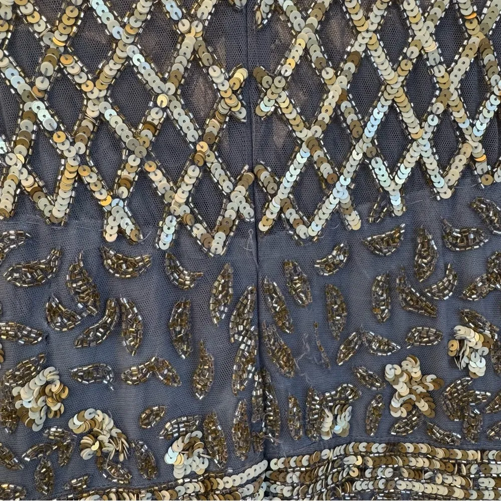 NWOT Mac Duggal 4908 High Neck Sleeveless Beaded Fringe Fitted Gown Platin - Image 11