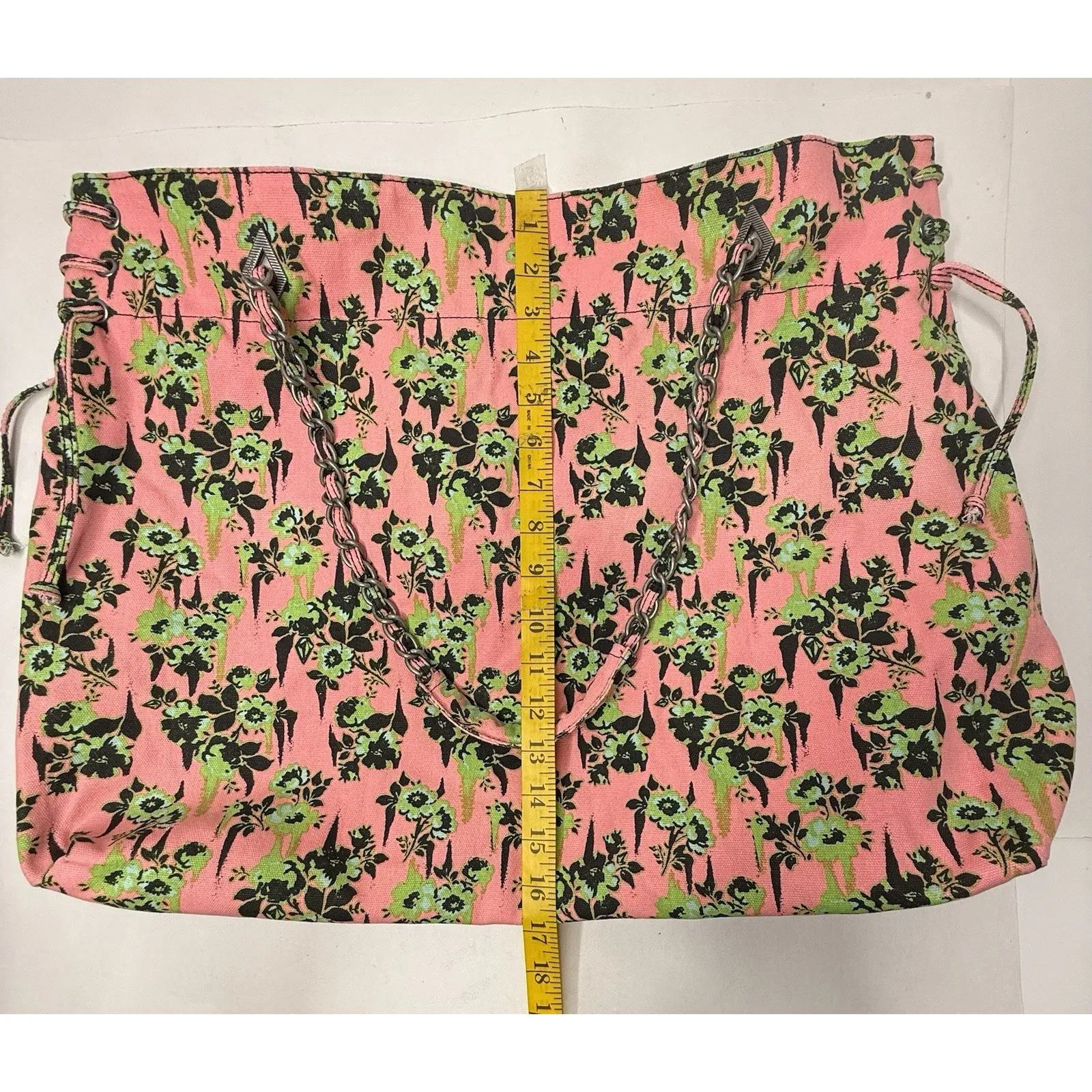 Volcom 2000s Pink‎ Green Floral Large Tote Bag Chain Handles Hobo Beach Casual - Image 2