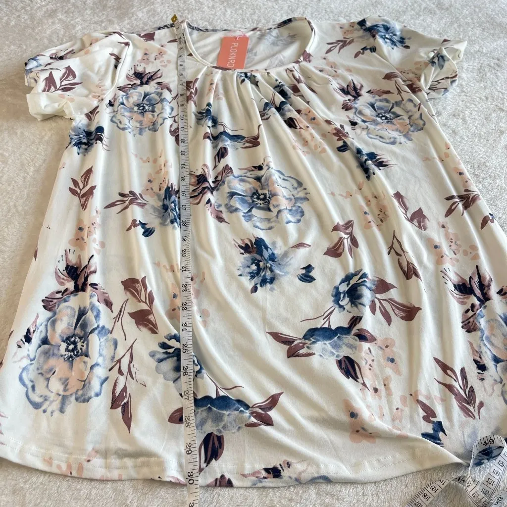 NEW Floral Shirt‎ Top Blouse Womens Size 16W White Pleated Short Sleeve Stretch - Image 9