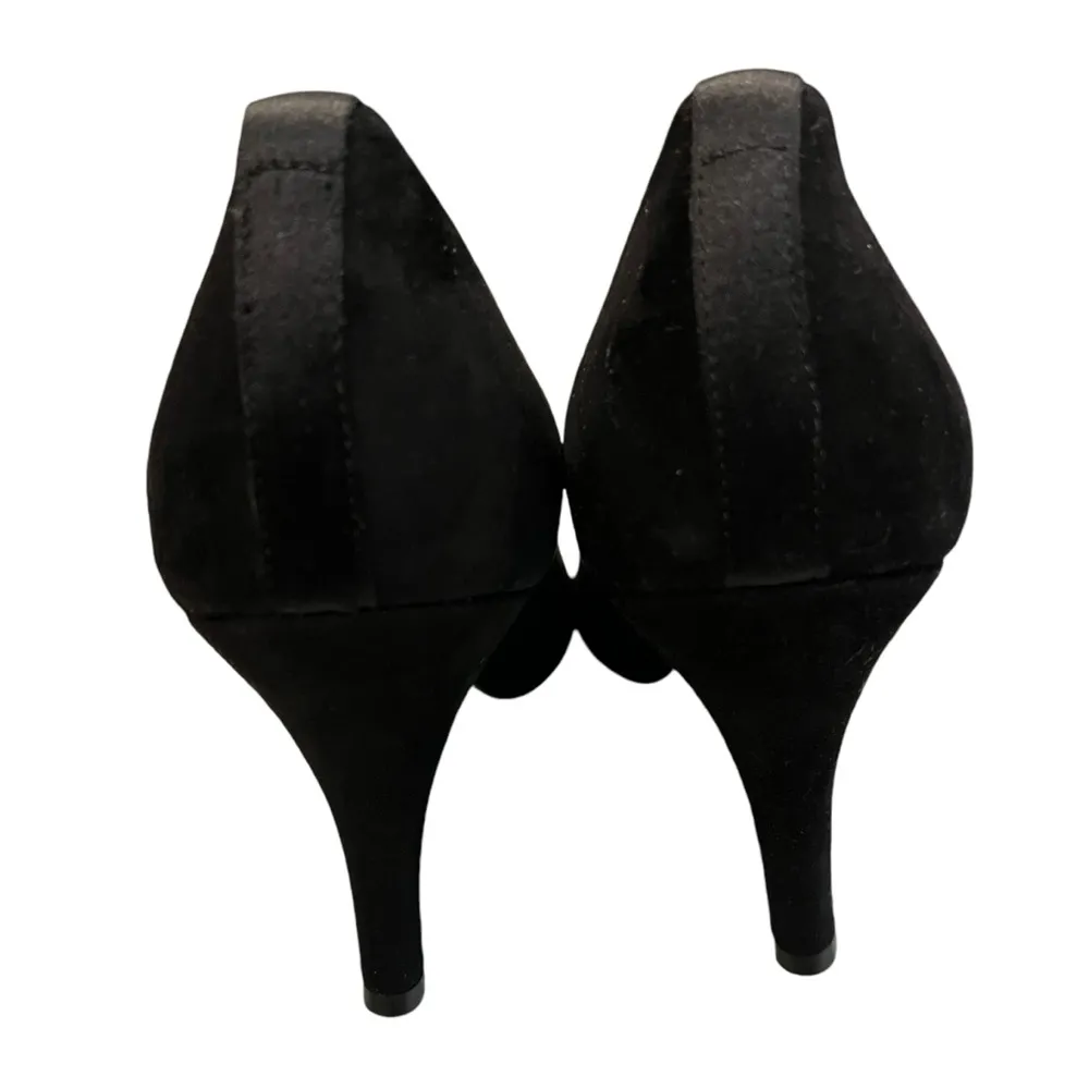 NWOT, J. Crew Black Suede Satin Bow Peep Toe Heels, Sz 7.5 - Image 11