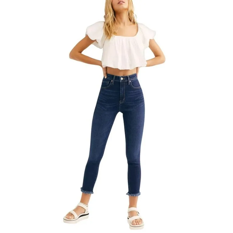 Free People - Dark Wash High Rise Raw Hem Deep Indigo Blue Slim Jeans Size 29 - Image 3