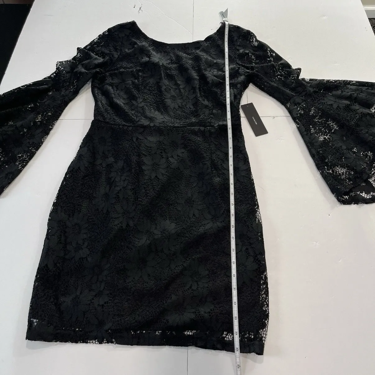 NWT‎ Lulus Allure 'Em In Black Lace Flounce Bell Sleeve Sheath Dress LARGE - Image 9