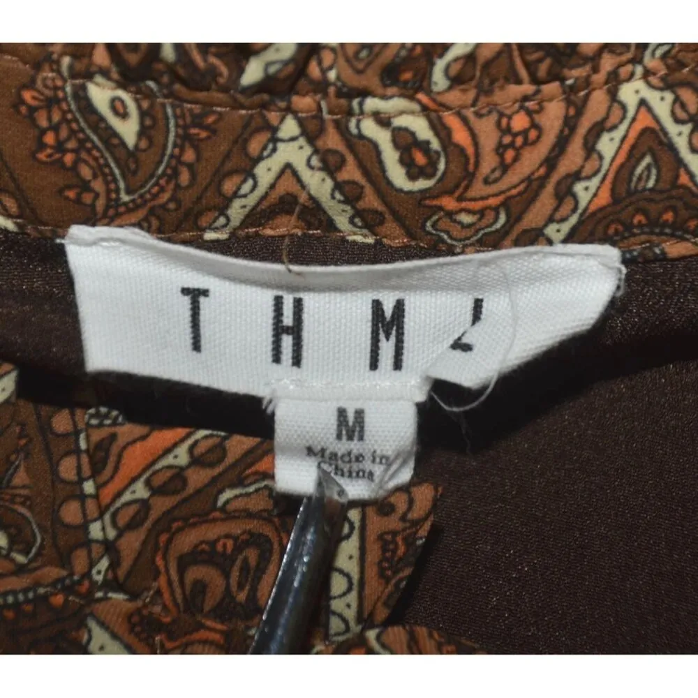 THML Anthropologie Brown Geometric Paisley Print Dress Tie Neck Size M Old Money - Image 13