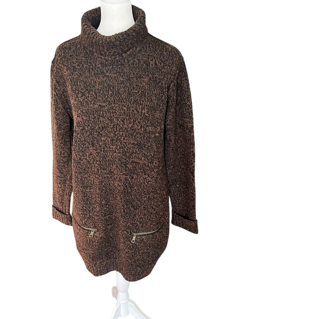 Burberry Brit Brown Marled Knit Tunic Sweater Cowl Neck Zip Pockets Size P - Image 2