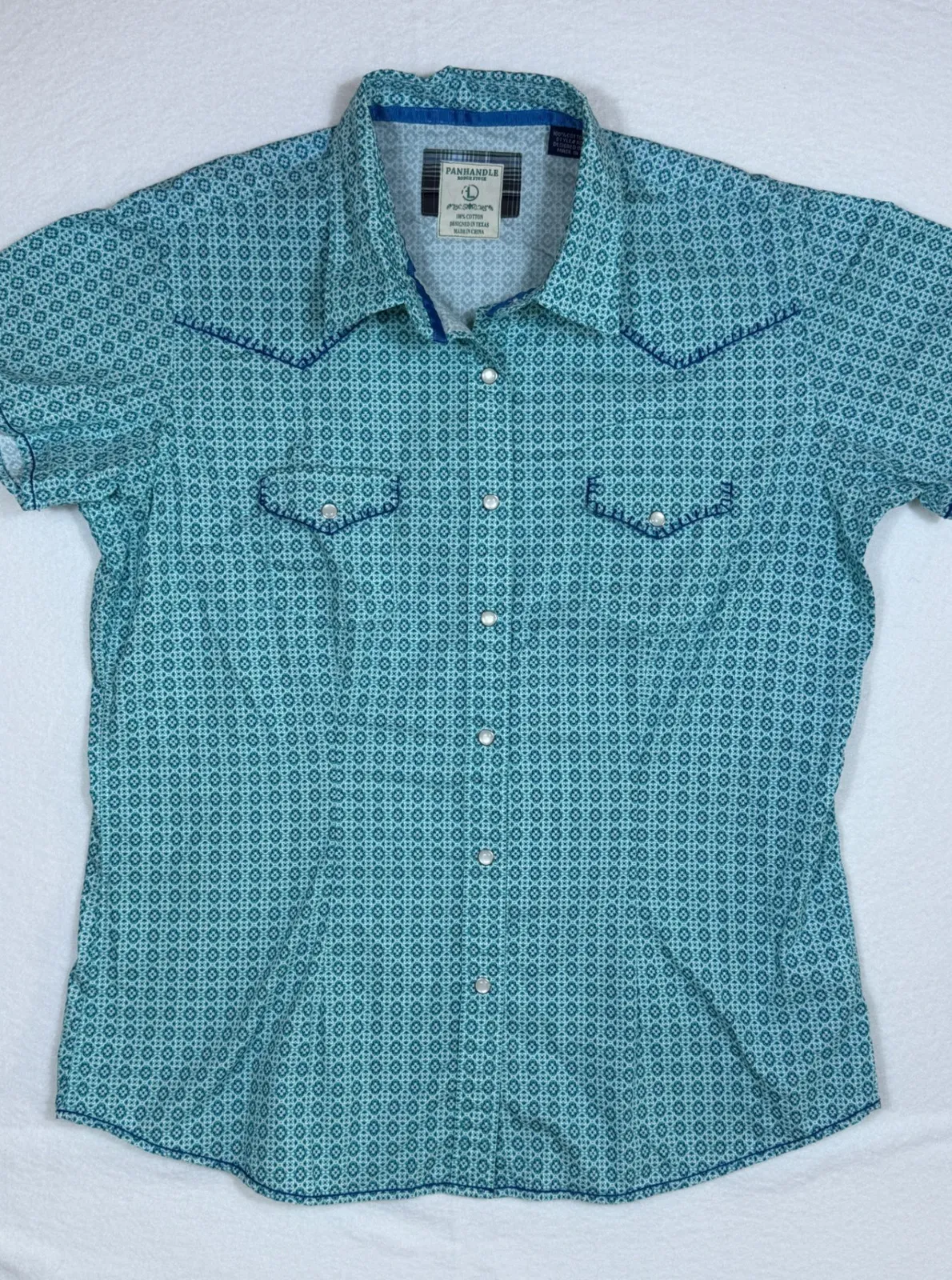 Panhandle Rough Stock Women Teal Geometric Pattern Western Pearl Snap Shirt LG Blue - Image 1