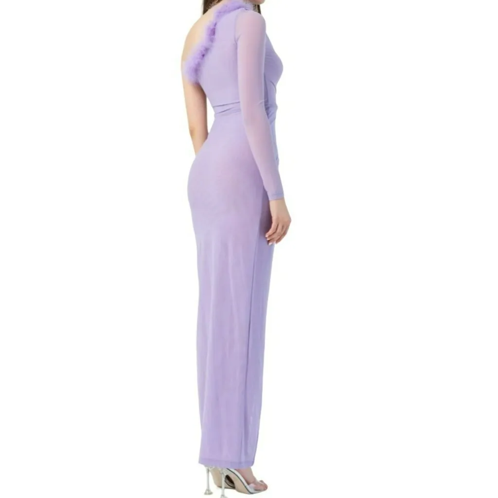 KikiRiki Feathered One Shoulder Front Slit Long Dress Lilac Purple Size Small NW - Image 2