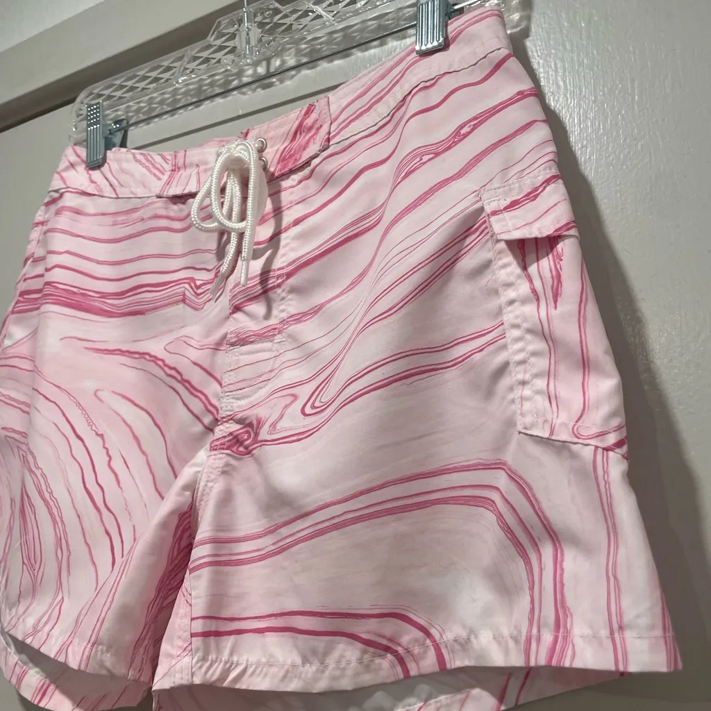VTG Y2K 90s OP Sport Pink & White Marble Tie-Dye Swim Board Shorts - 9/10 - Image 7