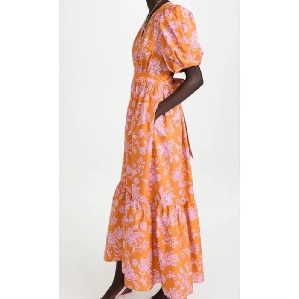 XIRENA Larkyn Orange Pink Print Puff Sleeve Tiered Maxi Dress Pocket Size Medium - Image 4