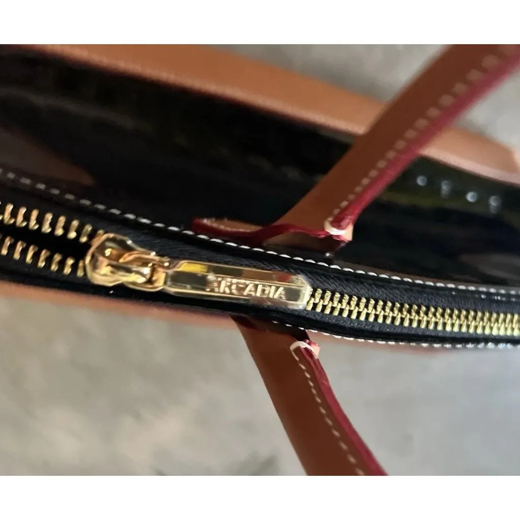 ARCADIA Italy Black Patent & Tan Leather Large Shoulder Handbag Purse Satchel - Image 14