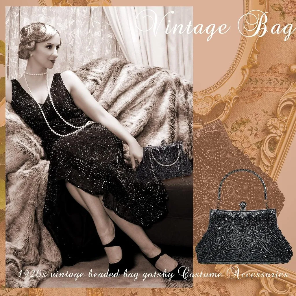 ⚡ Women's Black Rhinestones Vintage Beaded Satin Lining Evening Clutch Bag - Image 6