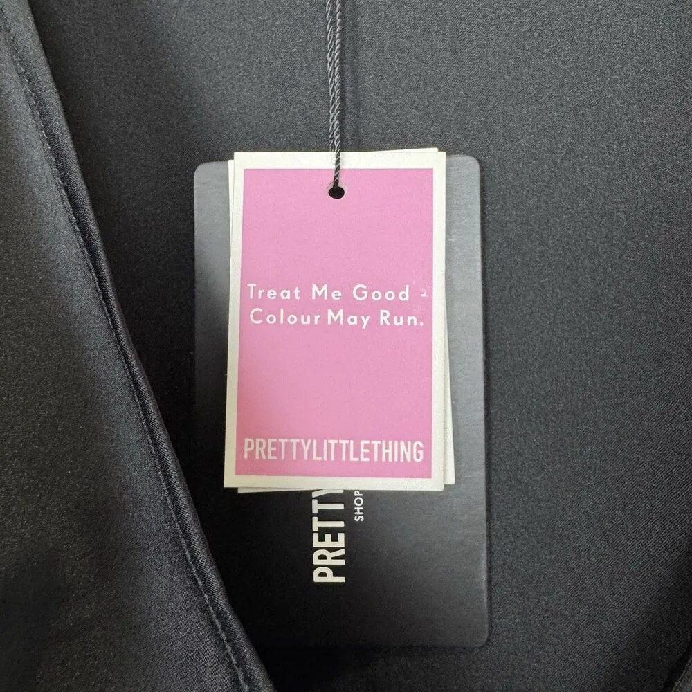 Pretty Little Thing Black Satin Long Sleeve Wrap Babydoll Dress Size XL V-Neck - Image 11