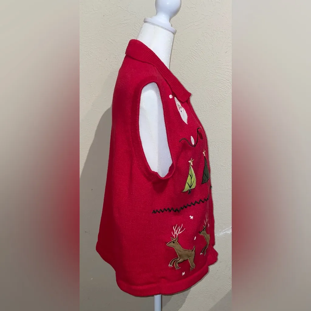Bechamel Women’s Size M Santa Red Christmas Zip Up Sweater Vest Appliquéd Size M - Image 7
