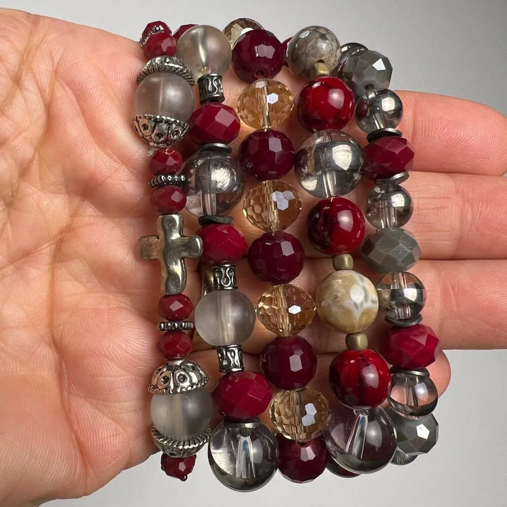 Handmade Beaded Bracelet Set of 5 Deep Red Smoky Gray Silver Tone with Crosses - Image 3