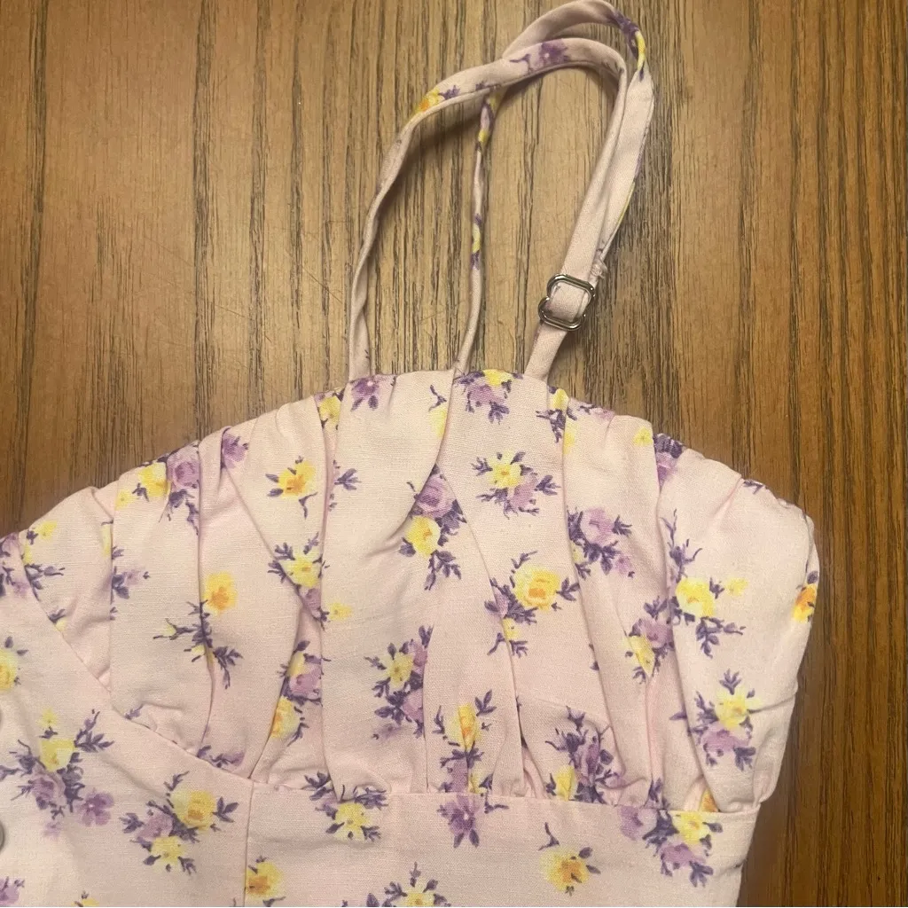 ZARA Floral‎ Printed Sweetheart Neck Linen Blend Crop Top Pink & Purple Size XS - Image 11