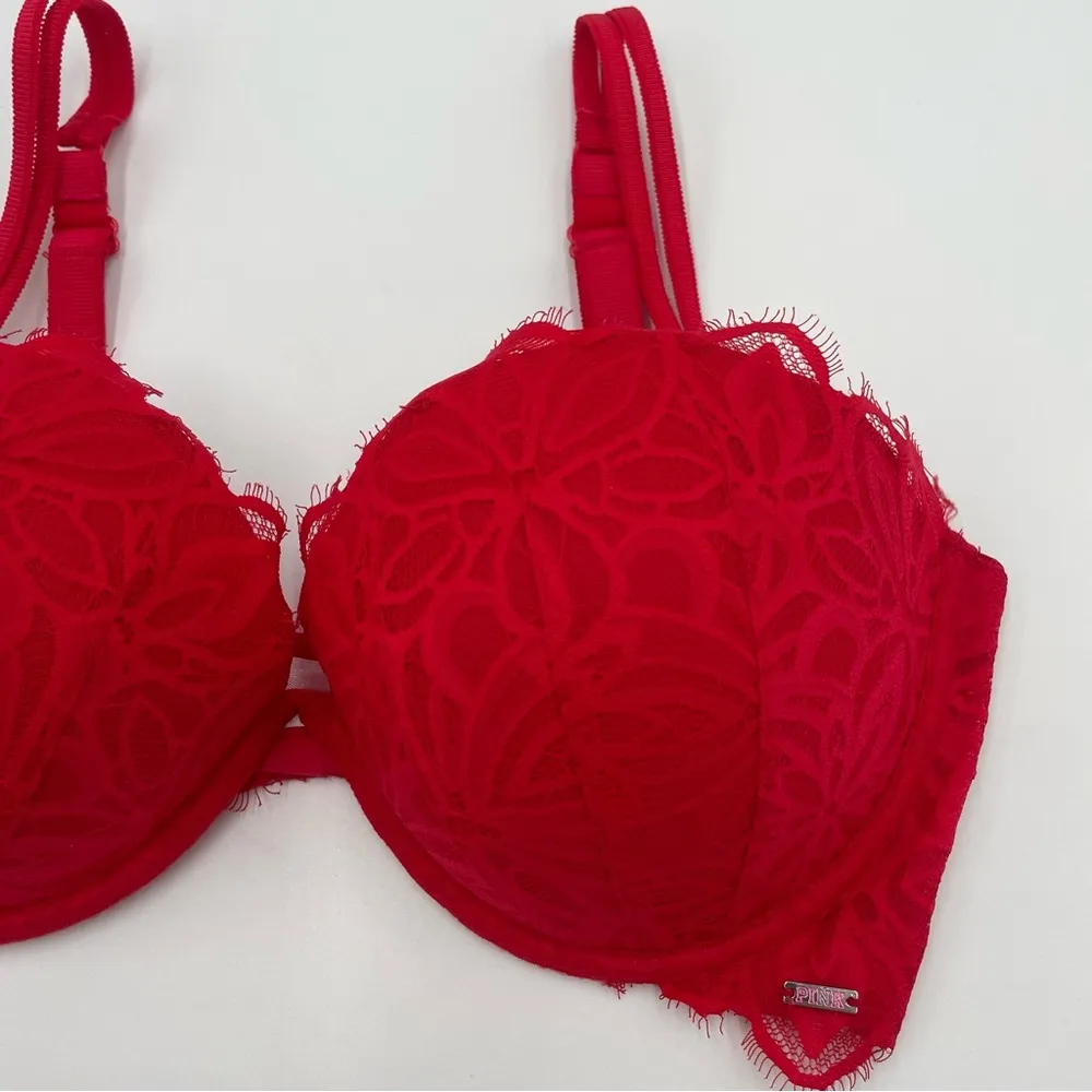 Victoria's Secret Bra Date Plunge Push Up Multi-Way 34D Lace Padded Hot Pink Red - Image 10