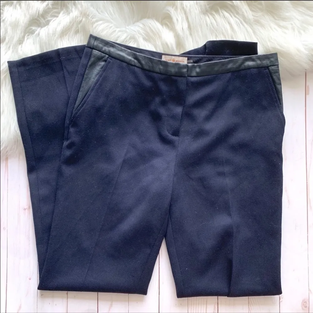 Tory Burch  Navy Wool Pants with Leather Trim - Image 2