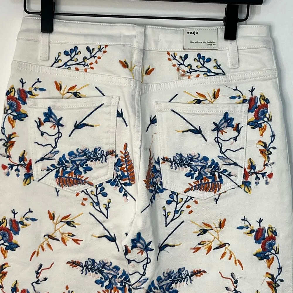 Maje Embroidered Floral Straight Leg Denim Jeans White Blue Size 36 Boho Retro - Image 9