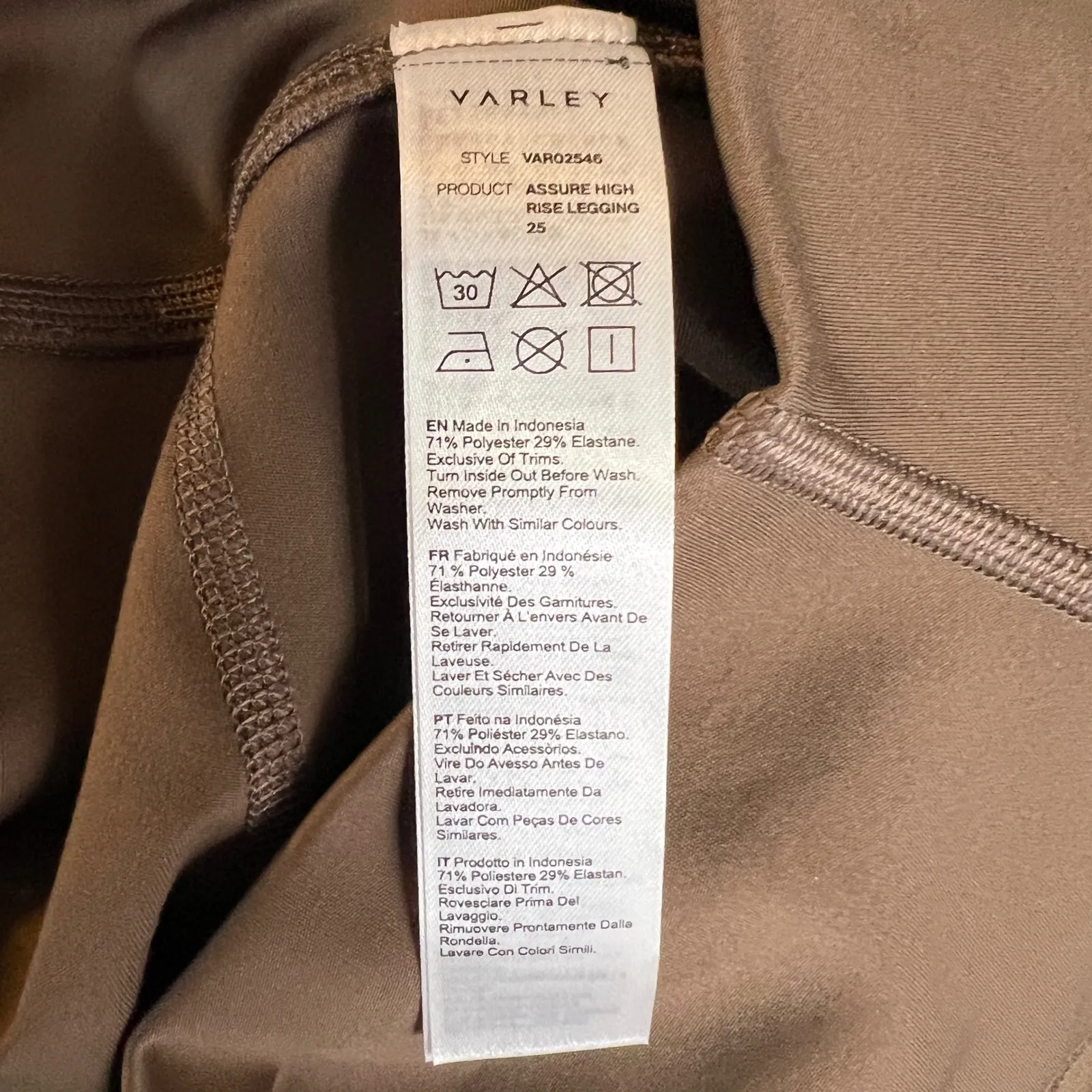 Varley Assure High Rise Leggings Brown S Wide Waistband Stretch 26" Inseam - Image 4