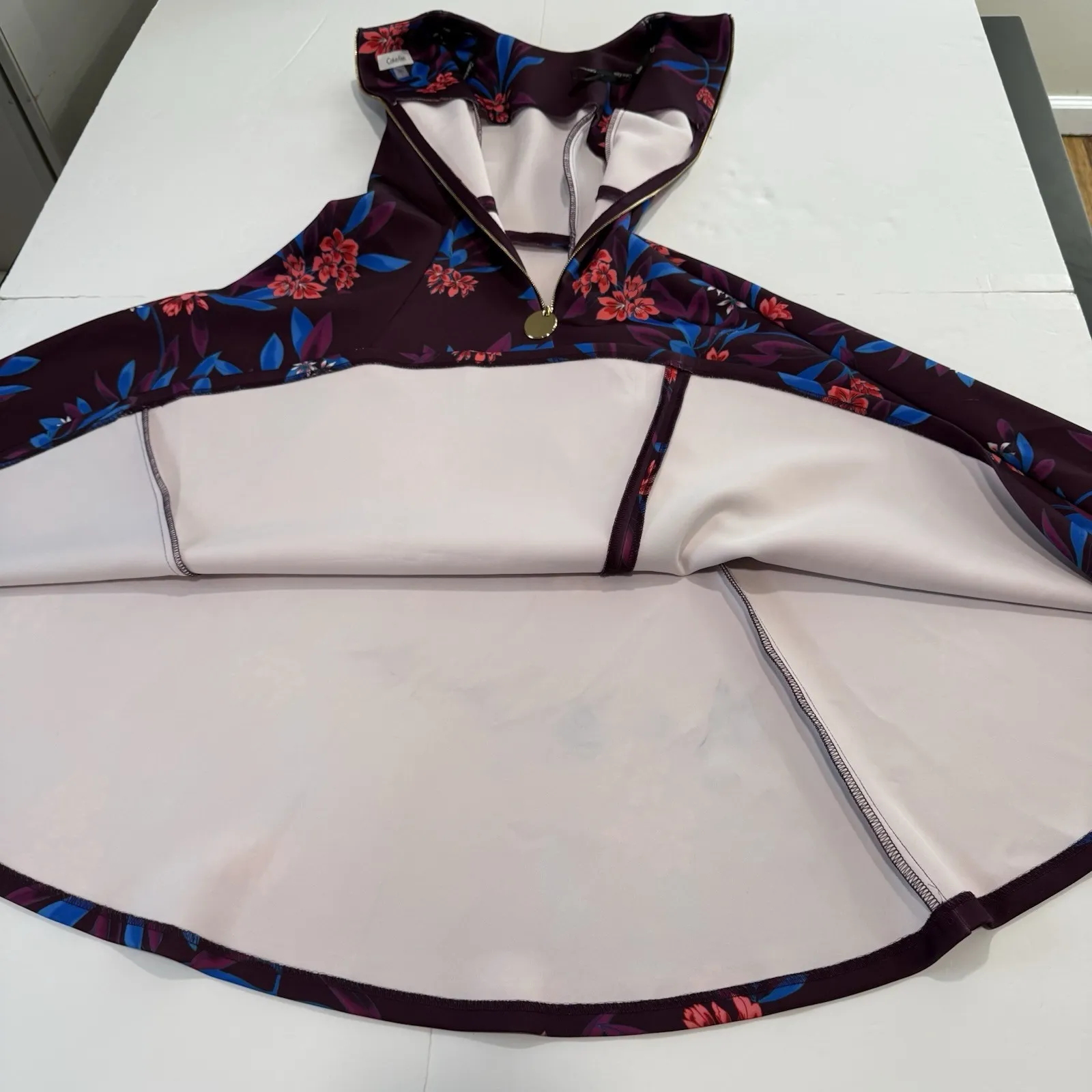 Calvin Klein Purple Floral Sleeveless Flare Scuba Knit Midi Dress Size 2 Pockets - Image 6