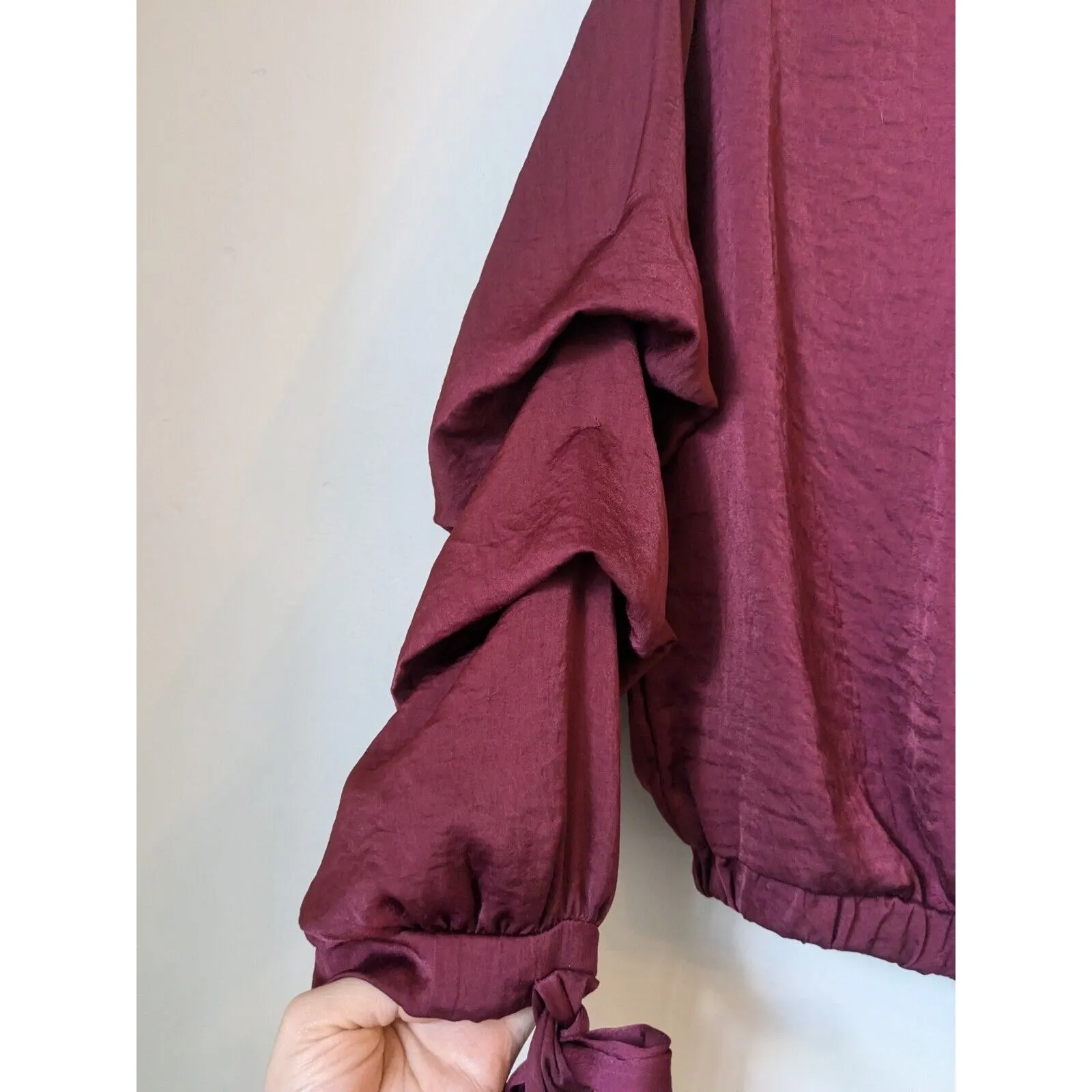 OLM 3/4 Crop Top Womens Casual Puff Sleeve Mock Blouse Burgundy Size Small Red - Image 6