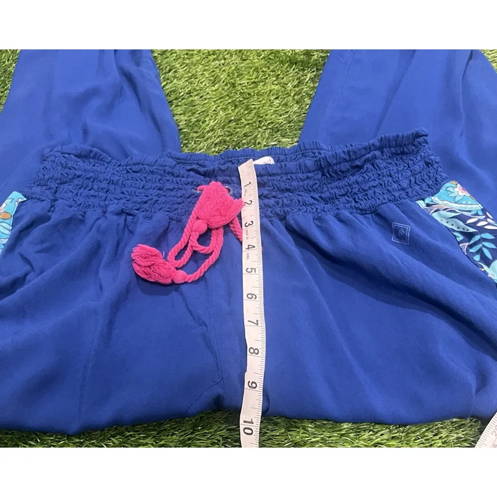 Vera Bradley Smocked Waist Wide Leg Challis Pants Blue Tassel Womens XL Boho - Image 9
