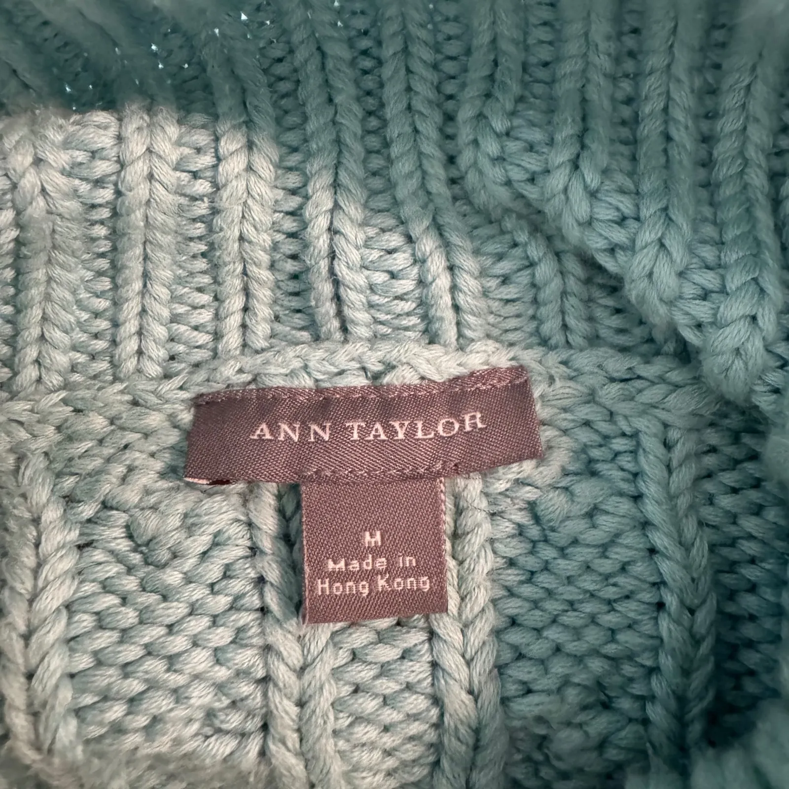 ANN TAYLOR Teal Aqua Blue Cable Knit Turtleneck Sweater Medium Chunky - Image 5