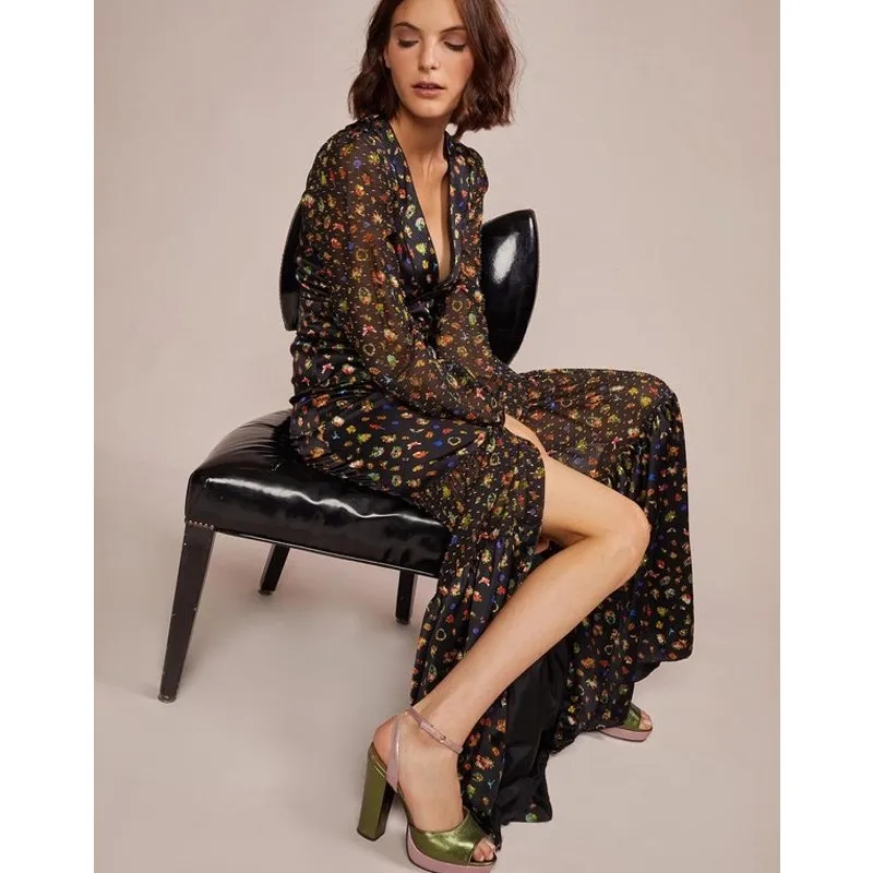 Cynthia Rowley Caroline Tiered Maxi Dress ditsy floral silk black size 8 medium - Image 6