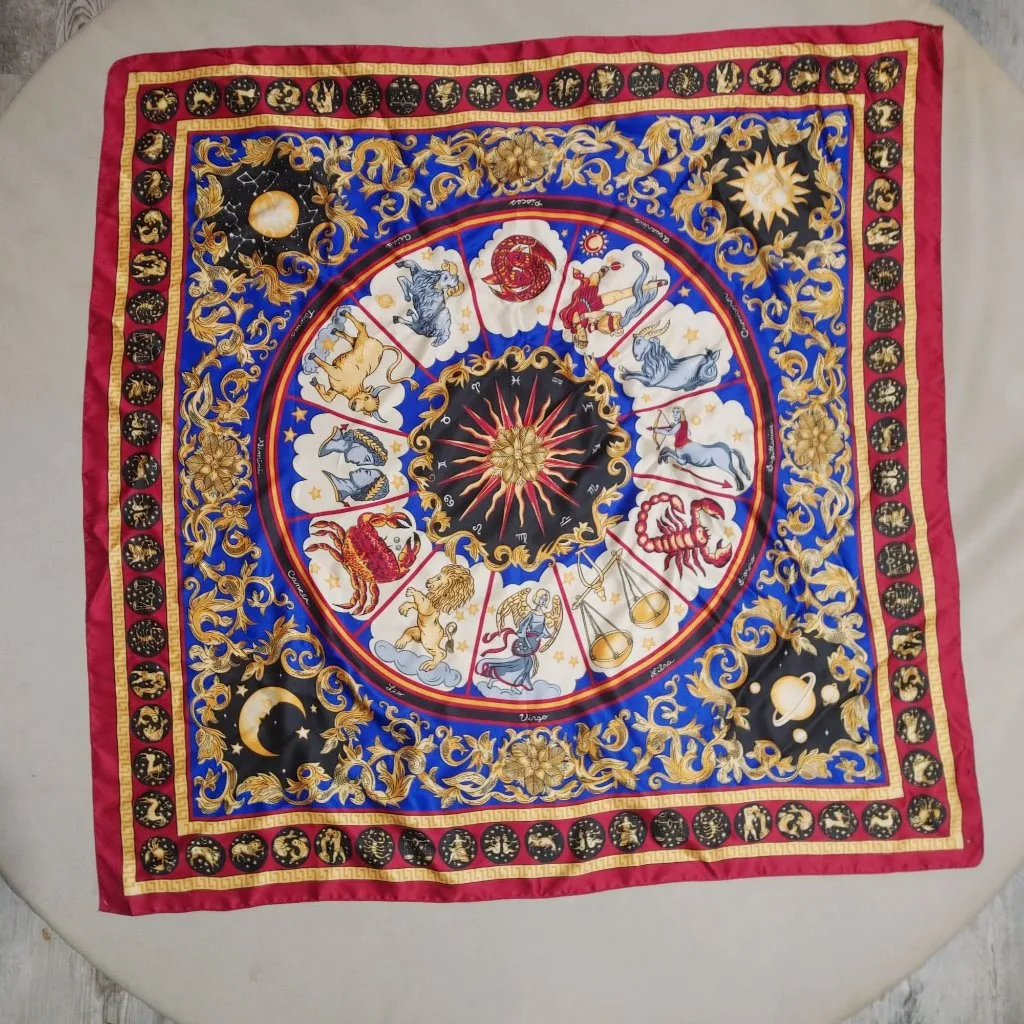 Avon 1970s Sign of Stars Vintage Zodiac Astrology Sun Moon Square Italy Scarf Red Size 34 - Image 11