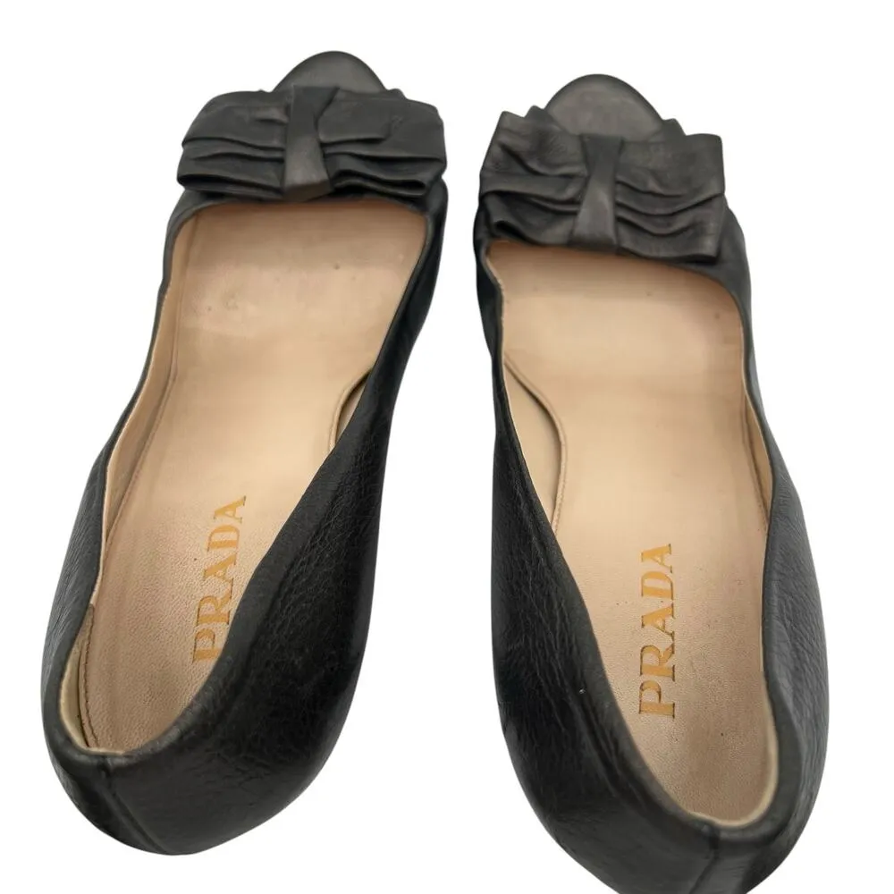 Prada Womens Size 38.5 US 7.5 Leather Heels Gunmetal Peep Hole Toe Made in Italy - Image 14