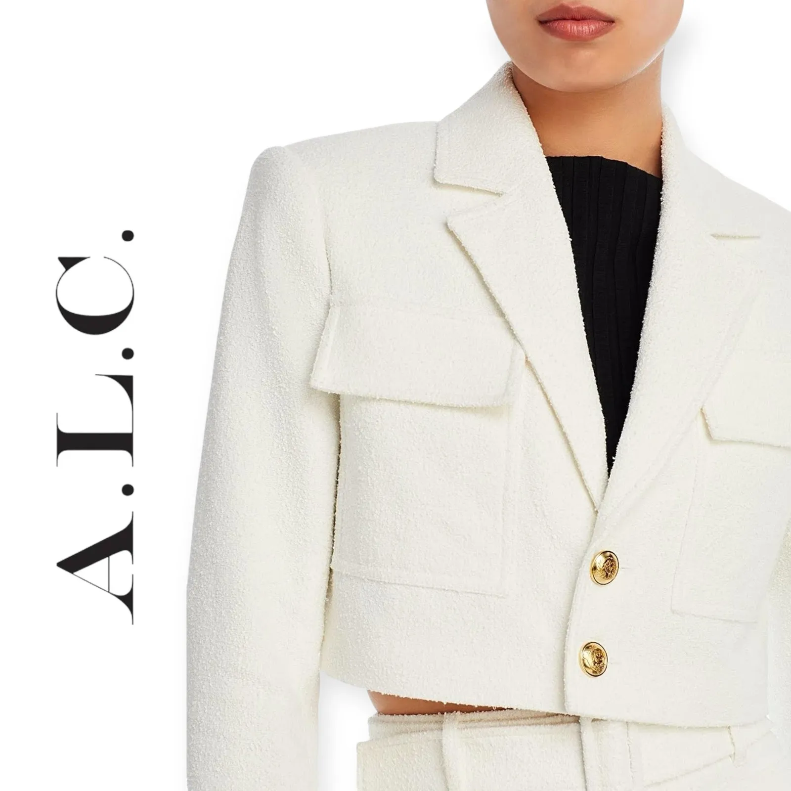 A.L.C. | 8 | Ivory Textured with Goldtone Stamped Buttons Banks Cropped Blazer - Image 2